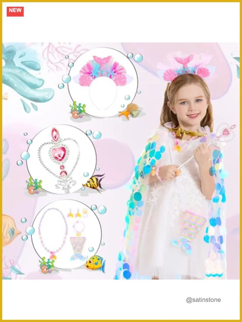 Mermaid Princess Dress Up Cape Set 9 Pieces Pretend Play Costume Gift for Girls